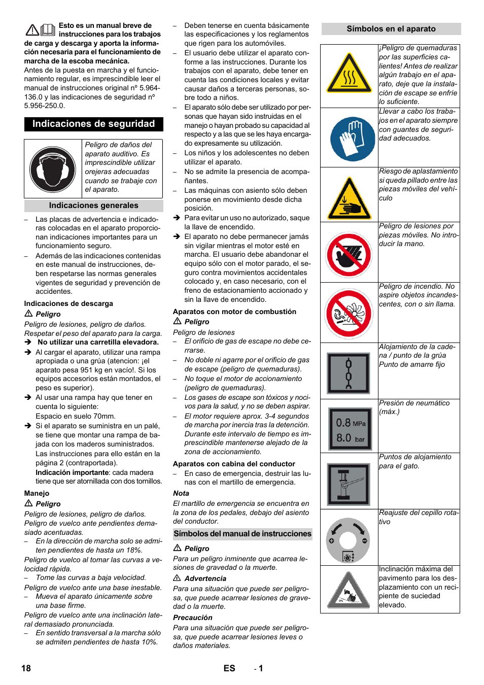 Español, Indicaciones de seguridad | Karcher KM 130-300 D User Manual | Page 18 / 96