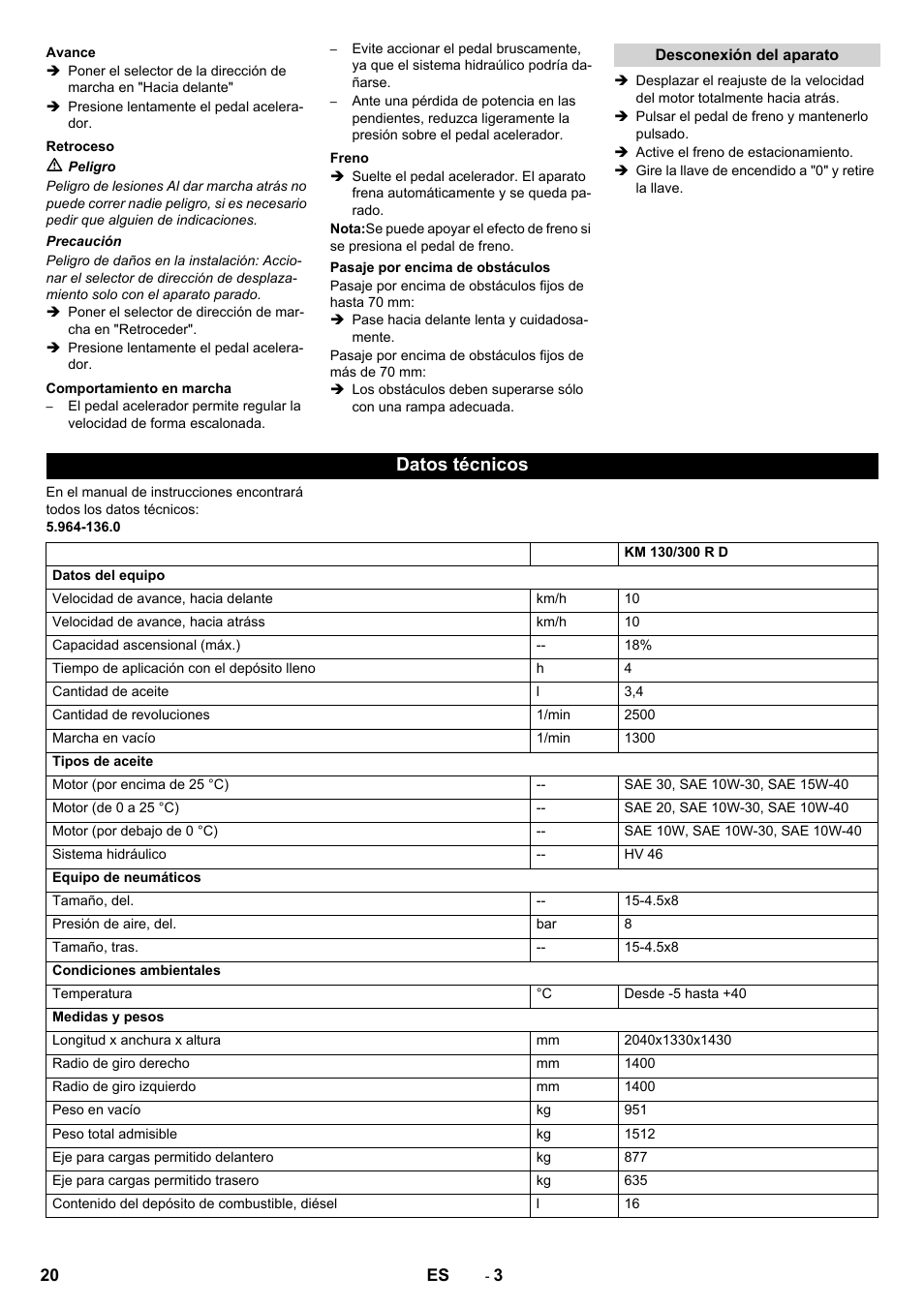Datos técnicos | Karcher KM 130-300 D User Manual | Page 20 / 96