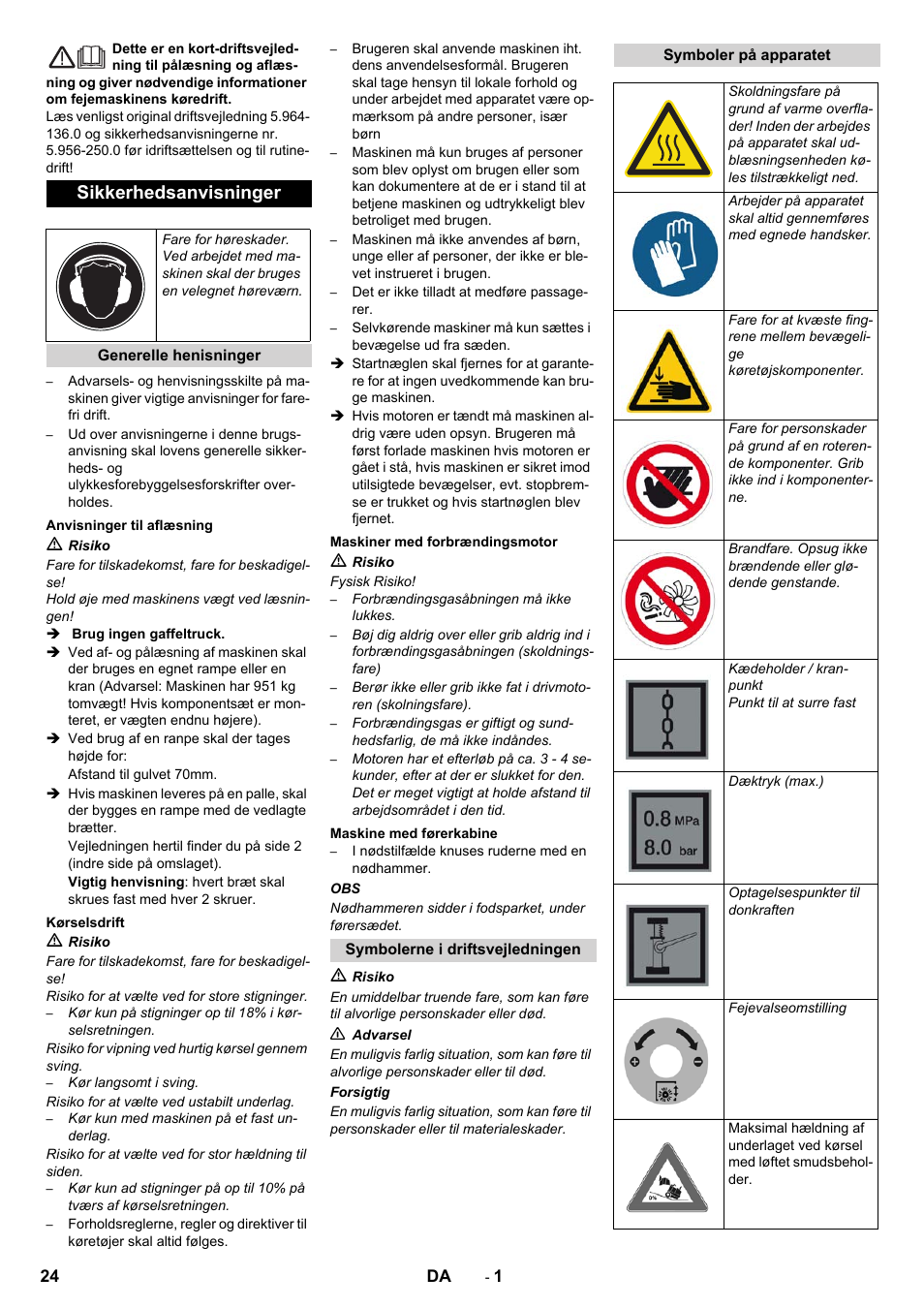 Dansk, Sikkerhedsanvisninger | Karcher KM 130-300 D User Manual | Page 24 / 96
