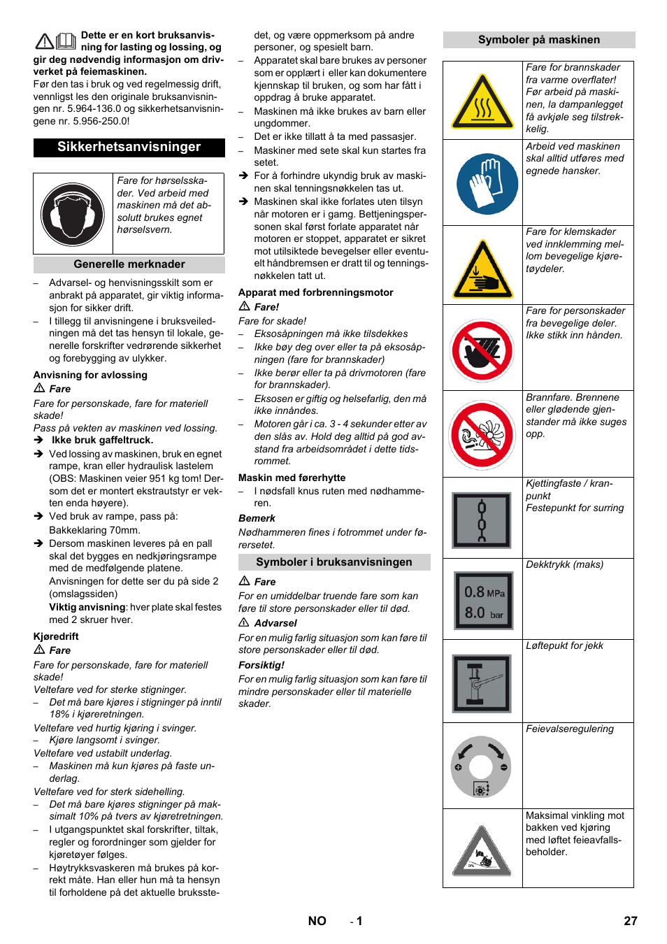 Norsk, Sikkerhetsanvisninger | Karcher KM 130-300 D User Manual | Page 27 / 96
