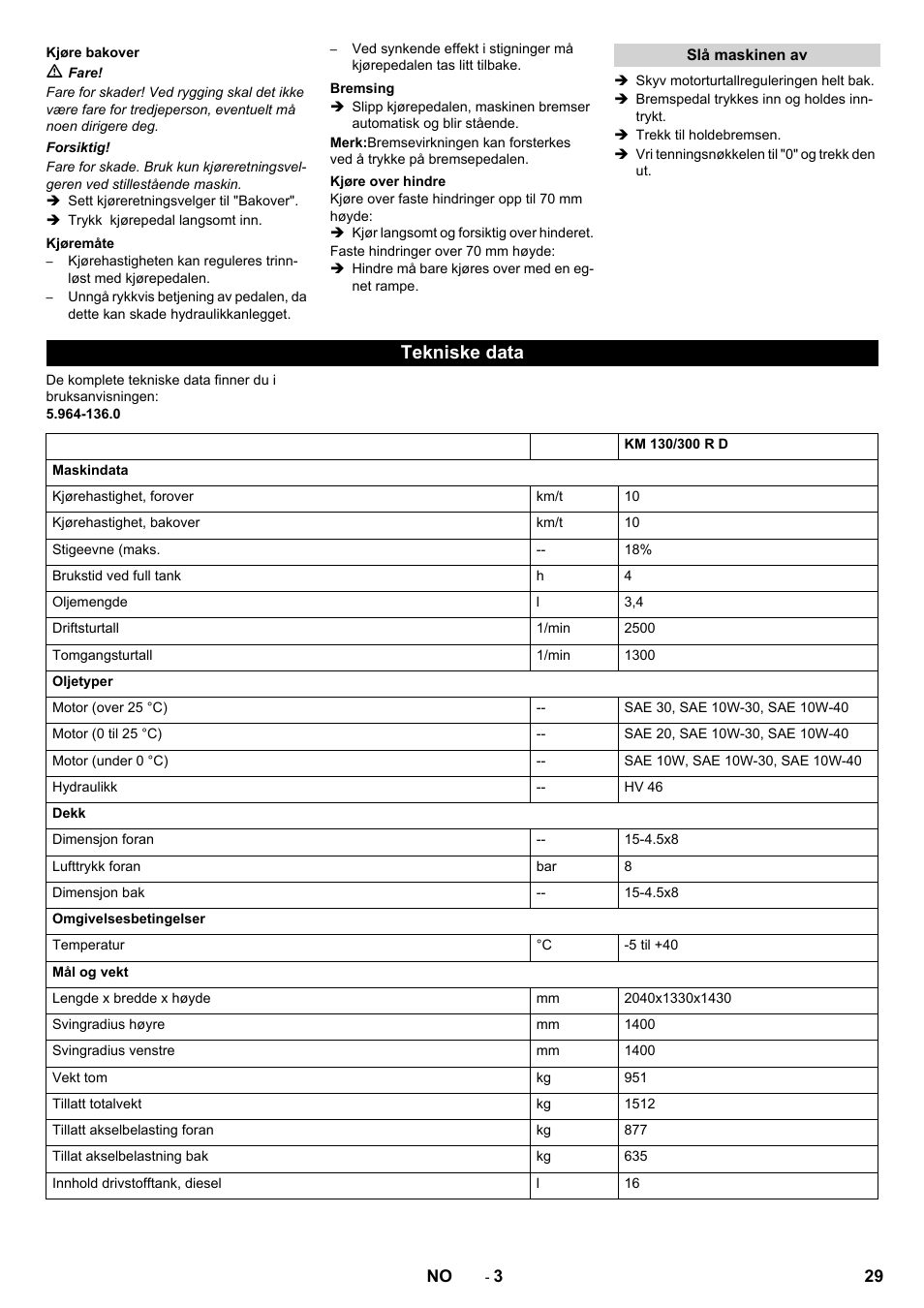 Tekniske data | Karcher KM 130-300 D User Manual | Page 29 / 96