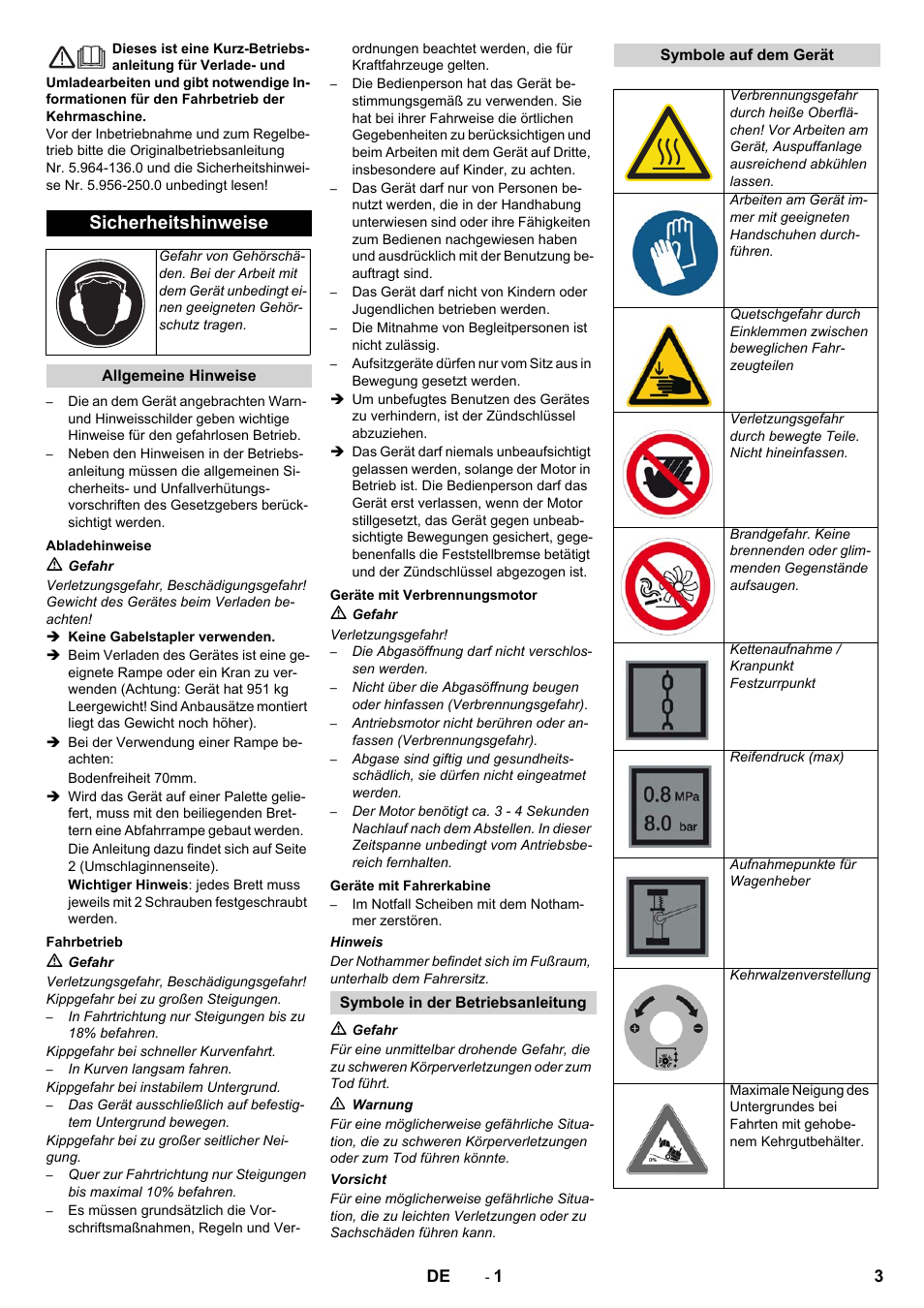 Deutsch, Sicherheitshinweise | Karcher KM 130-300 D User Manual | Page 3 / 96