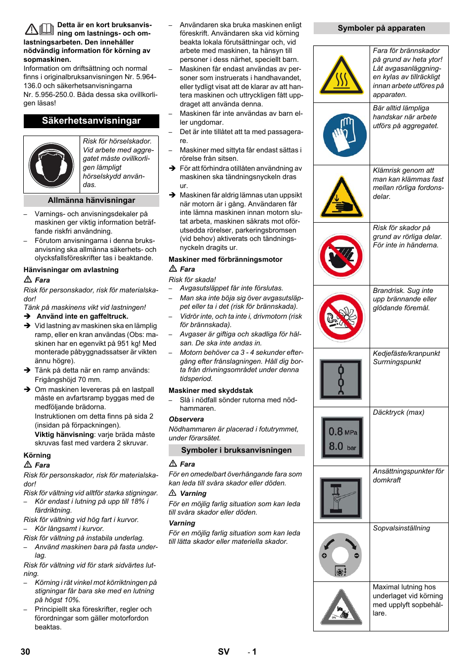 Svenska, Säkerhetsanvisningar | Karcher KM 130-300 D User Manual | Page 30 / 96