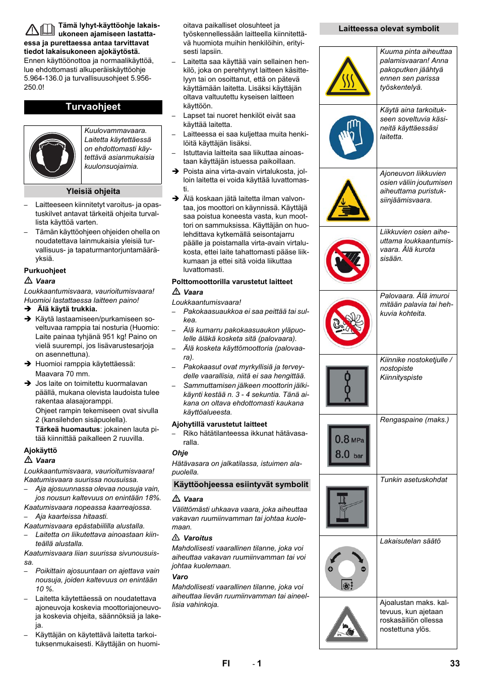 Suomi, Turvaohjeet | Karcher KM 130-300 D User Manual | Page 33 / 96
