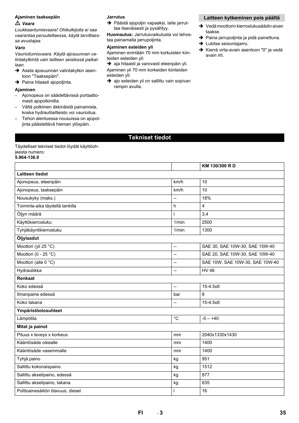 Tekniset tiedot | Karcher KM 130-300 D User Manual | Page 35 / 96