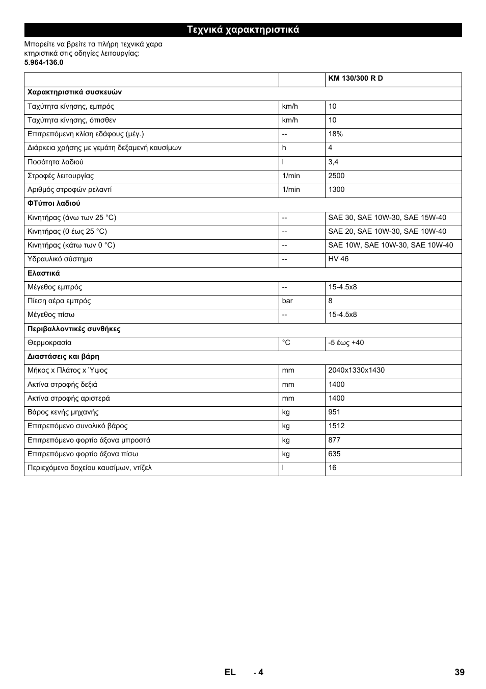 Τεχνικά χαρακτηριστικά | Karcher KM 130-300 D User Manual | Page 39 / 96