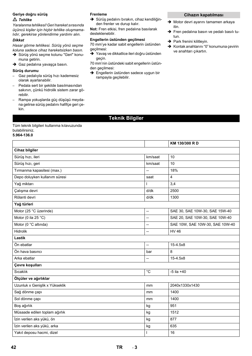 Teknik bilgiler | Karcher KM 130-300 D User Manual | Page 42 / 96