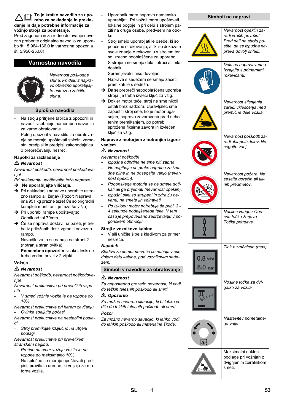 Slovenščina, Slovenšina, Varnostna navodila | Karcher KM 130-300 D User Manual | Page 53 / 96