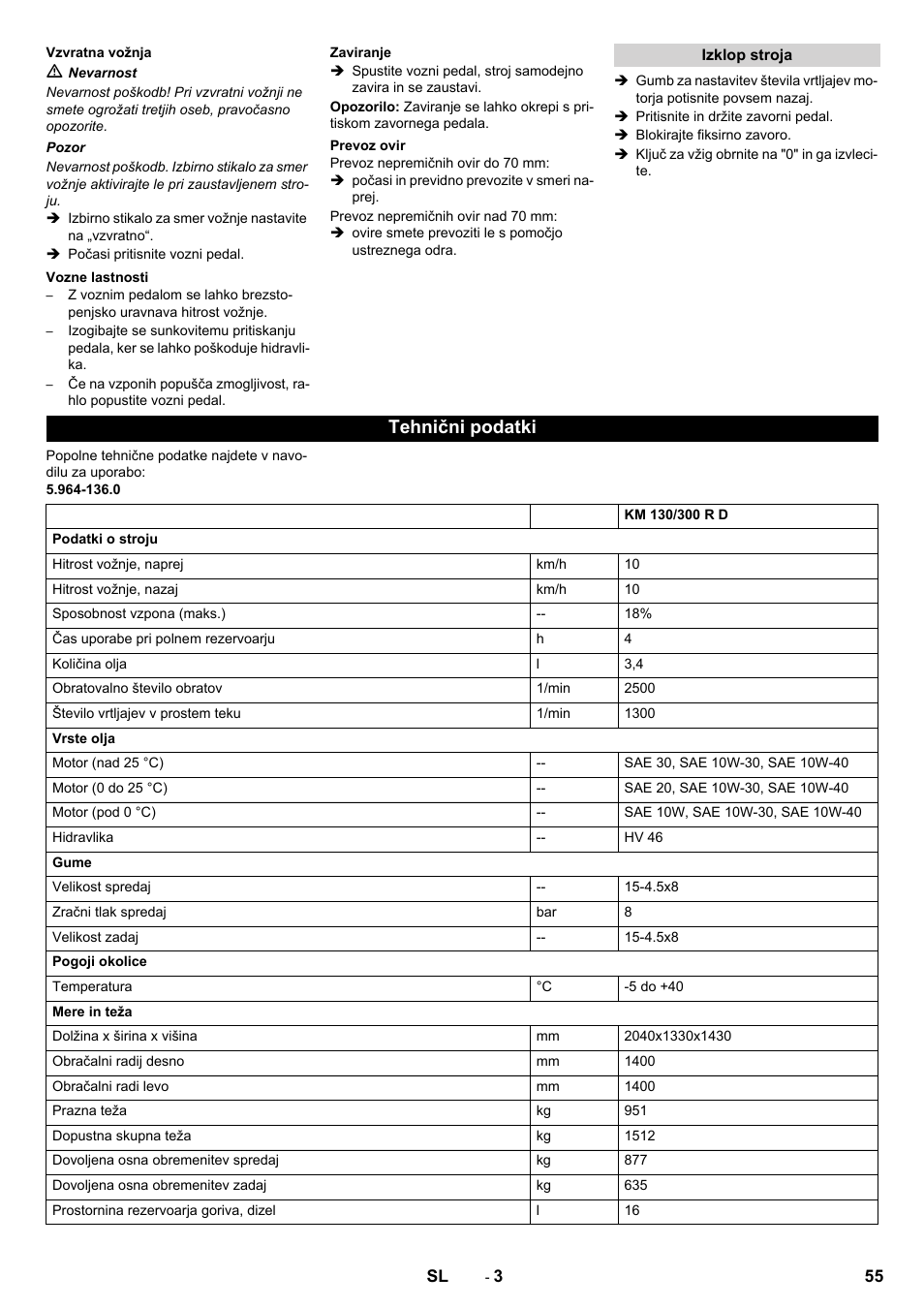 Tehnični podatki | Karcher KM 130-300 D User Manual | Page 55 / 96
