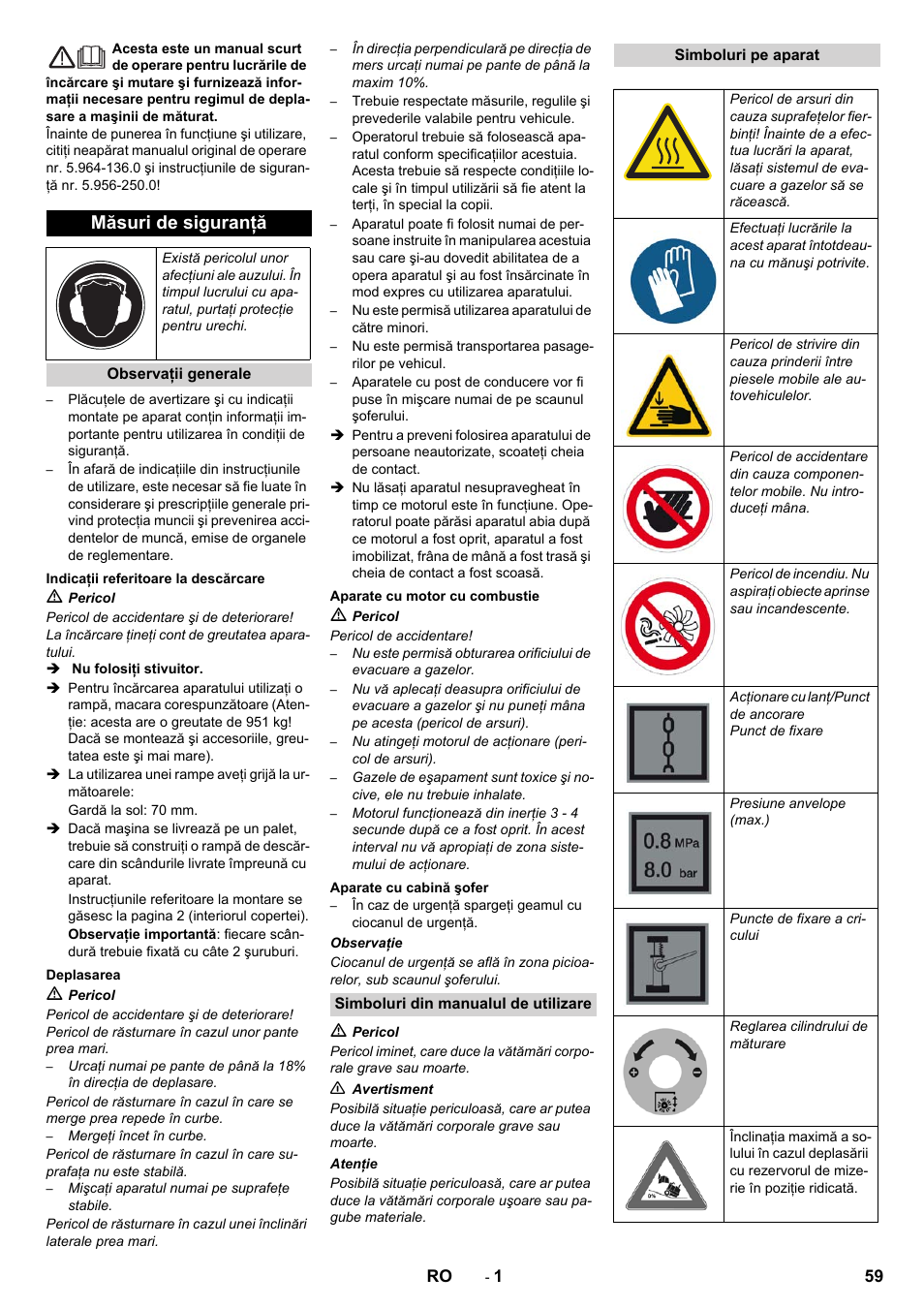 Româneşte, Românete, Măsuri de siguranţă | Karcher KM 130-300 D User Manual | Page 59 / 96