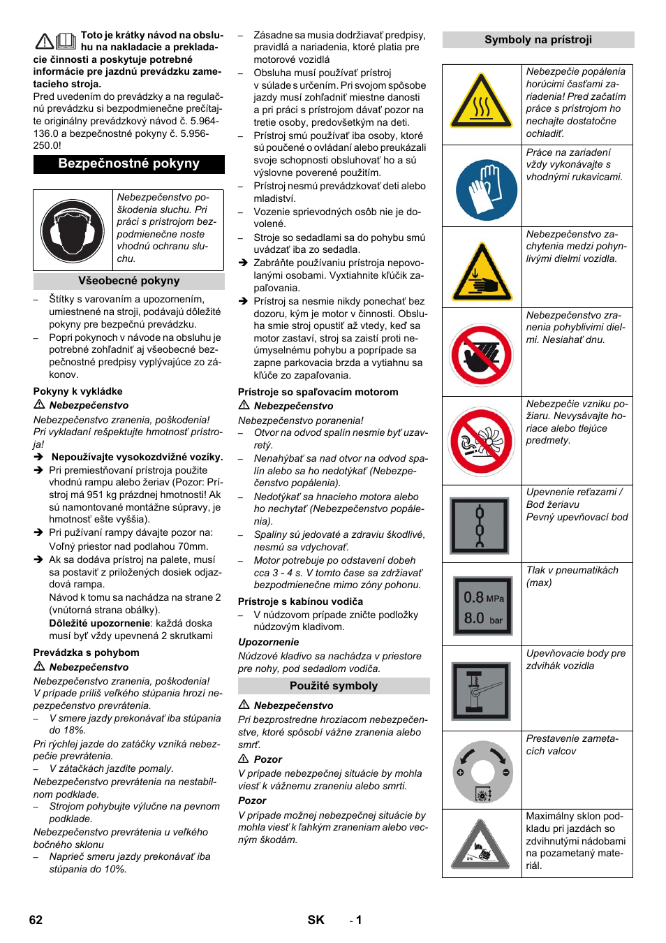 Slovenčina, Slovenina, Bezpečnostné pokyny | Karcher KM 130-300 D User Manual | Page 62 / 96