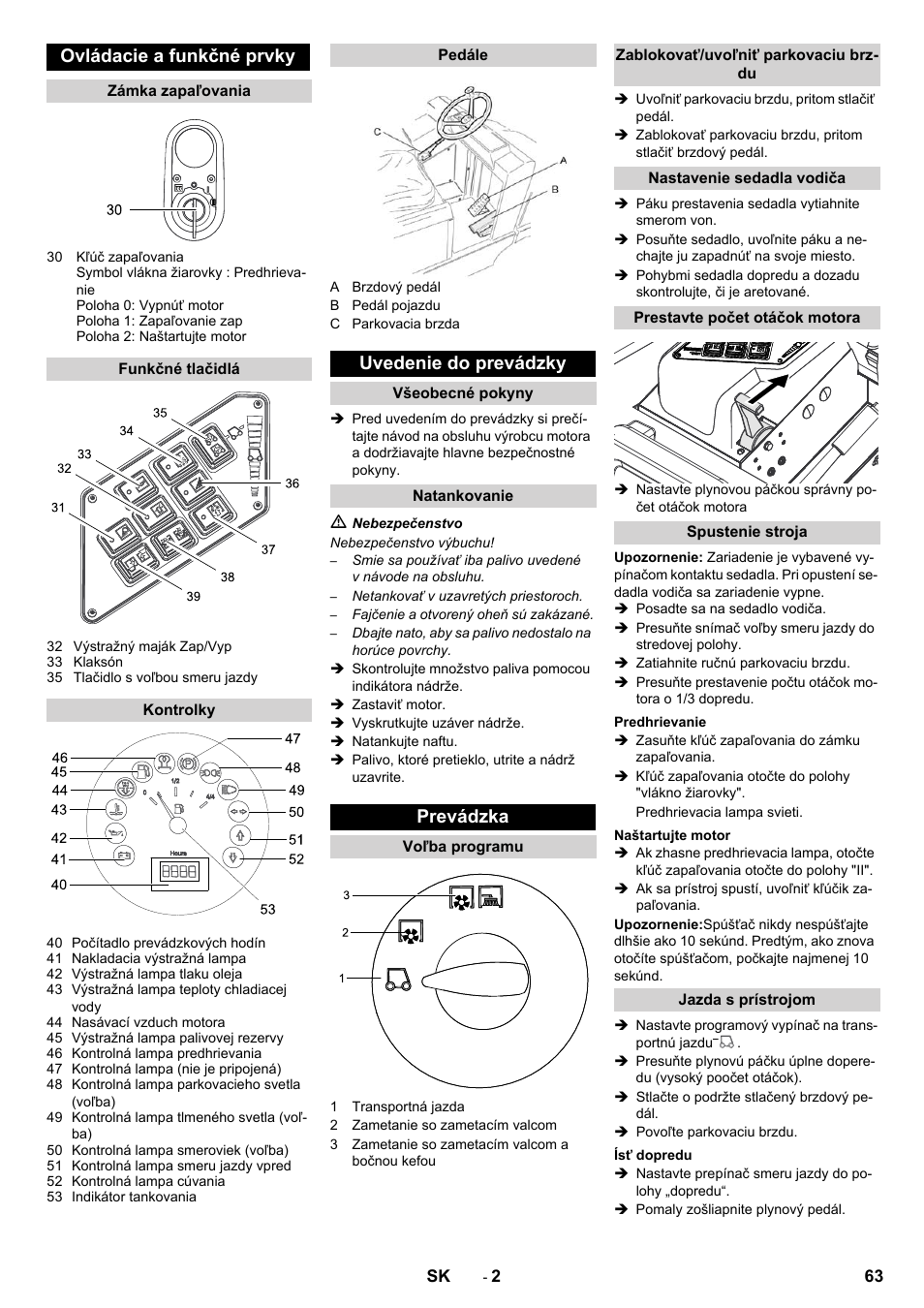 Ovládacie a funkčné prvky, Uvedenie do prevádzky, Prevádzka | Karcher KM 130-300 D User Manual | Page 63 / 96
