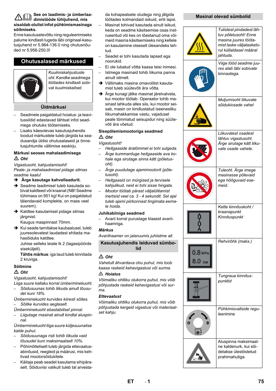 Eesti, Ohutusalased märkused | Karcher KM 130-300 D User Manual | Page 75 / 96