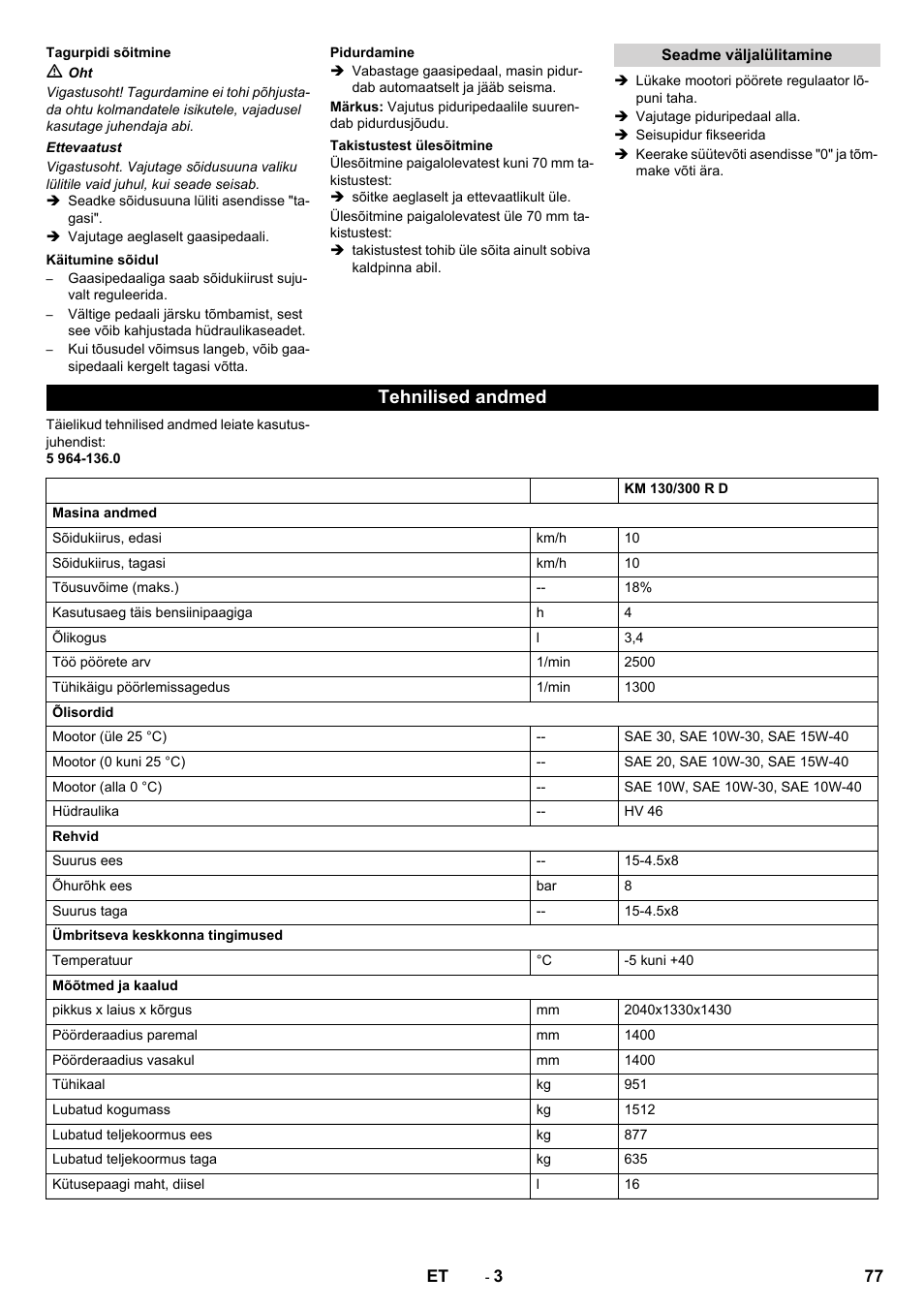 Tehnilised andmed | Karcher KM 130-300 D User Manual | Page 77 / 96