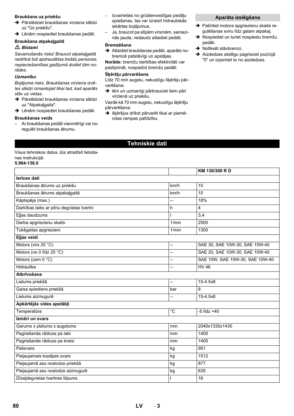 Tehniskie dati | Karcher KM 130-300 D User Manual | Page 80 / 96