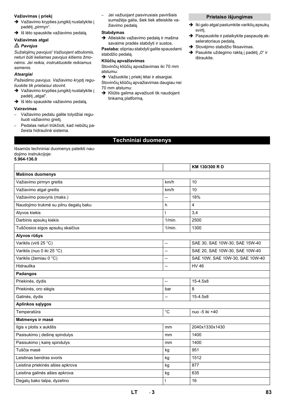 Techniniai duomenys | Karcher KM 130-300 D User Manual | Page 83 / 96