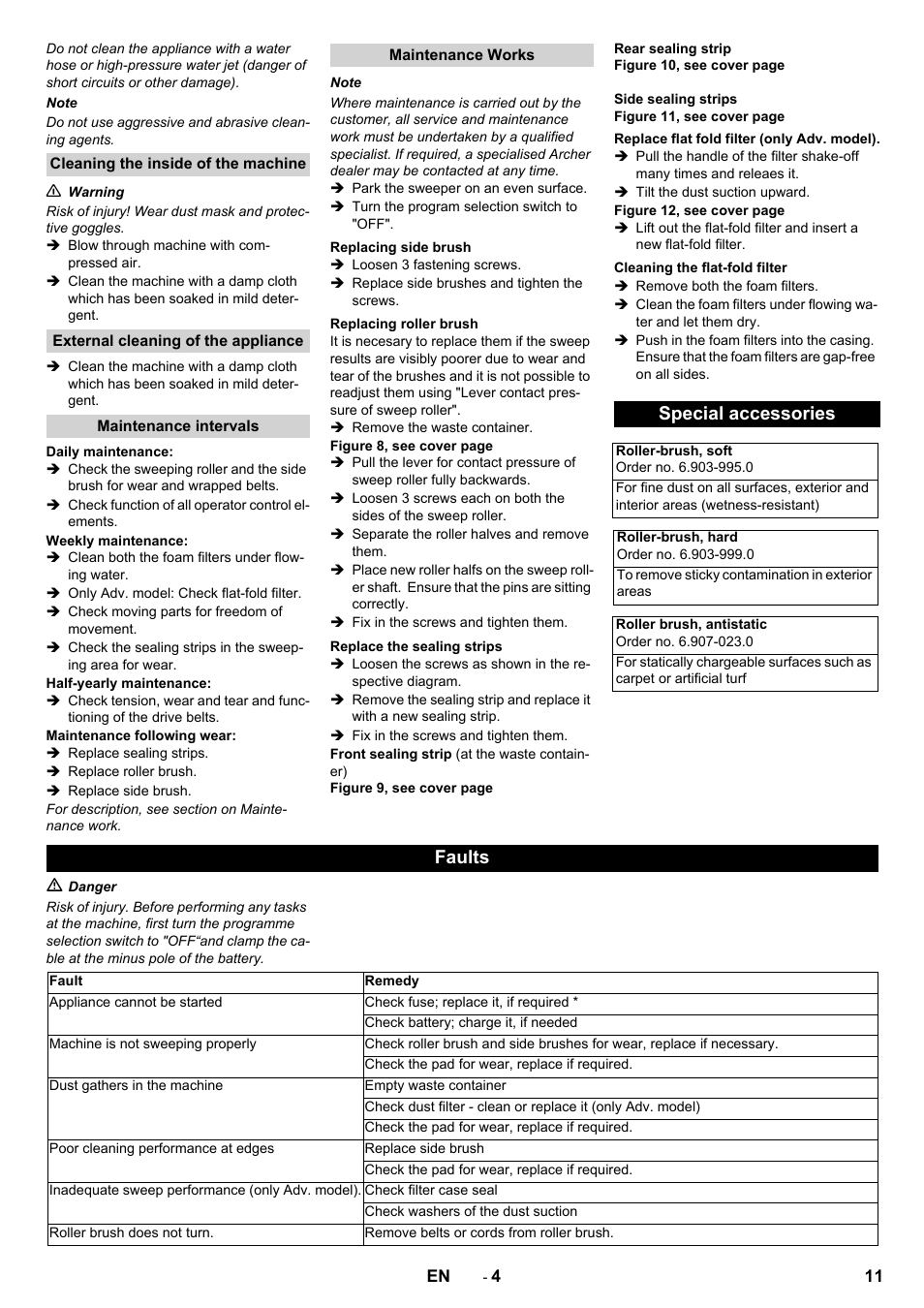 Special accessories, Faults | Karcher KM 70-30 C Bp Pack Adv User Manual | Page 11 / 144