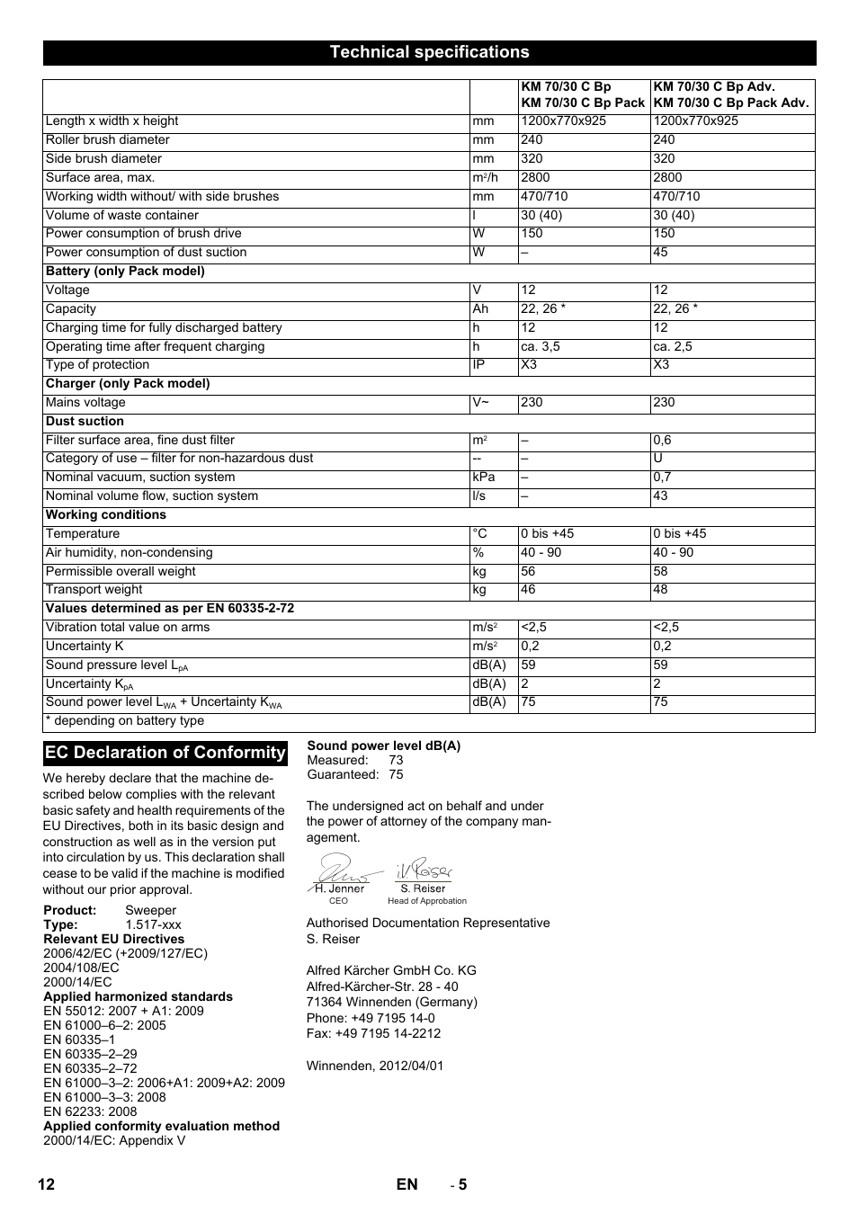 Technical specifications, Ec declaration of conformity | Karcher KM 70-30 C Bp Pack Adv User Manual | Page 12 / 144