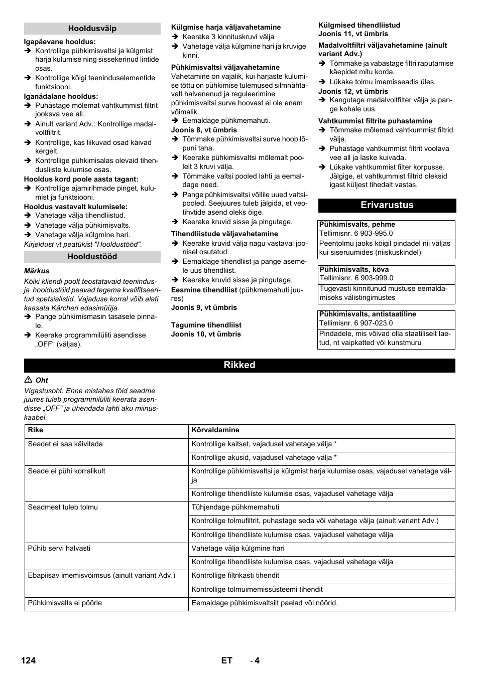 Erivarustus, Rikked | Karcher KM 70-30 C Bp Pack Adv User Manual | Page 124 / 144
