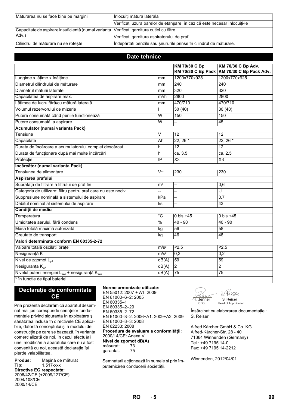 Date tehnice, Declaraţie de conformitate ce | Karcher KM 70-30 C Bp Pack Adv User Manual | Page 99 / 144