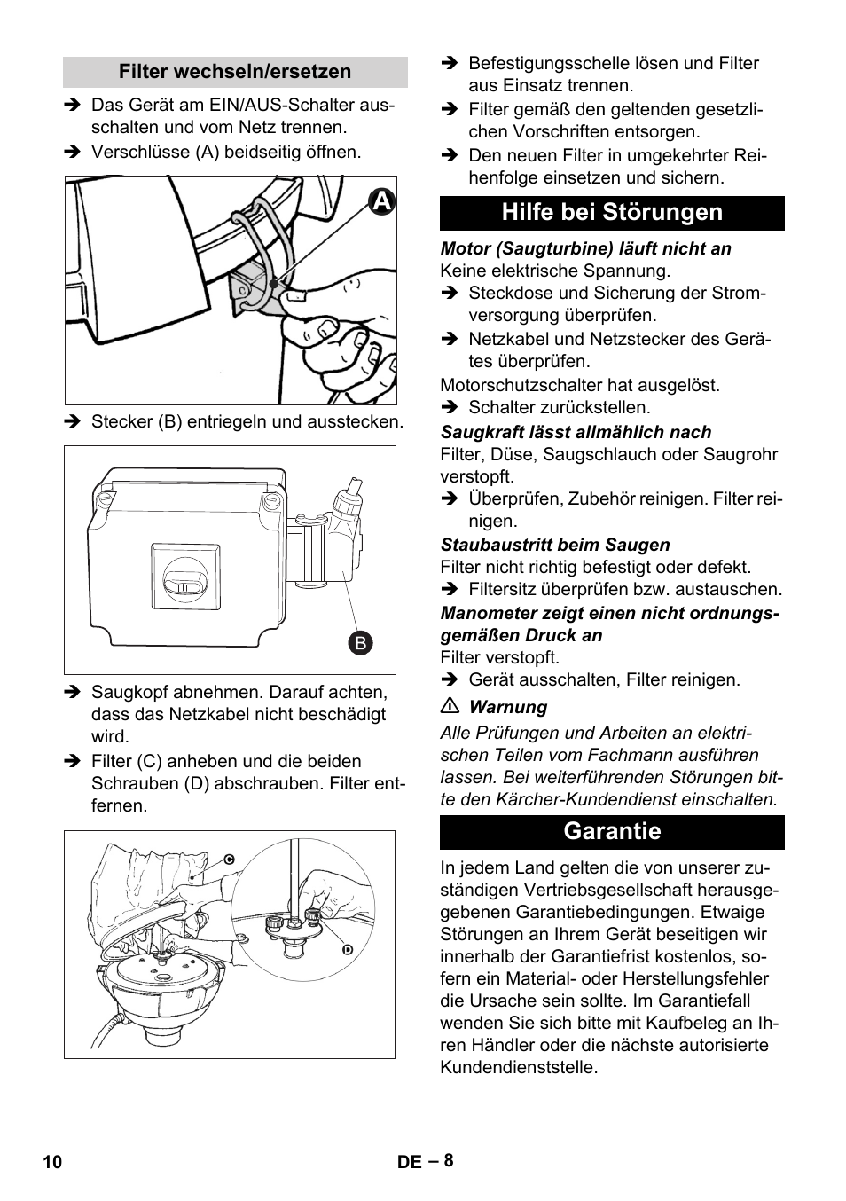 Filter wechseln/ersetzen, Hilfe bei störungen, Garantie | Hilfe bei störungen garantie | Karcher IV 60-30 M B1 User Manual | Page 10 / 260