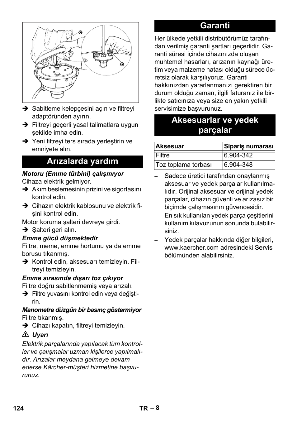 Arızalarda yardım, Garanti, Aksesuarlar ve yedek parçalar | Karcher IV 60-30 M B1 User Manual | Page 124 / 260