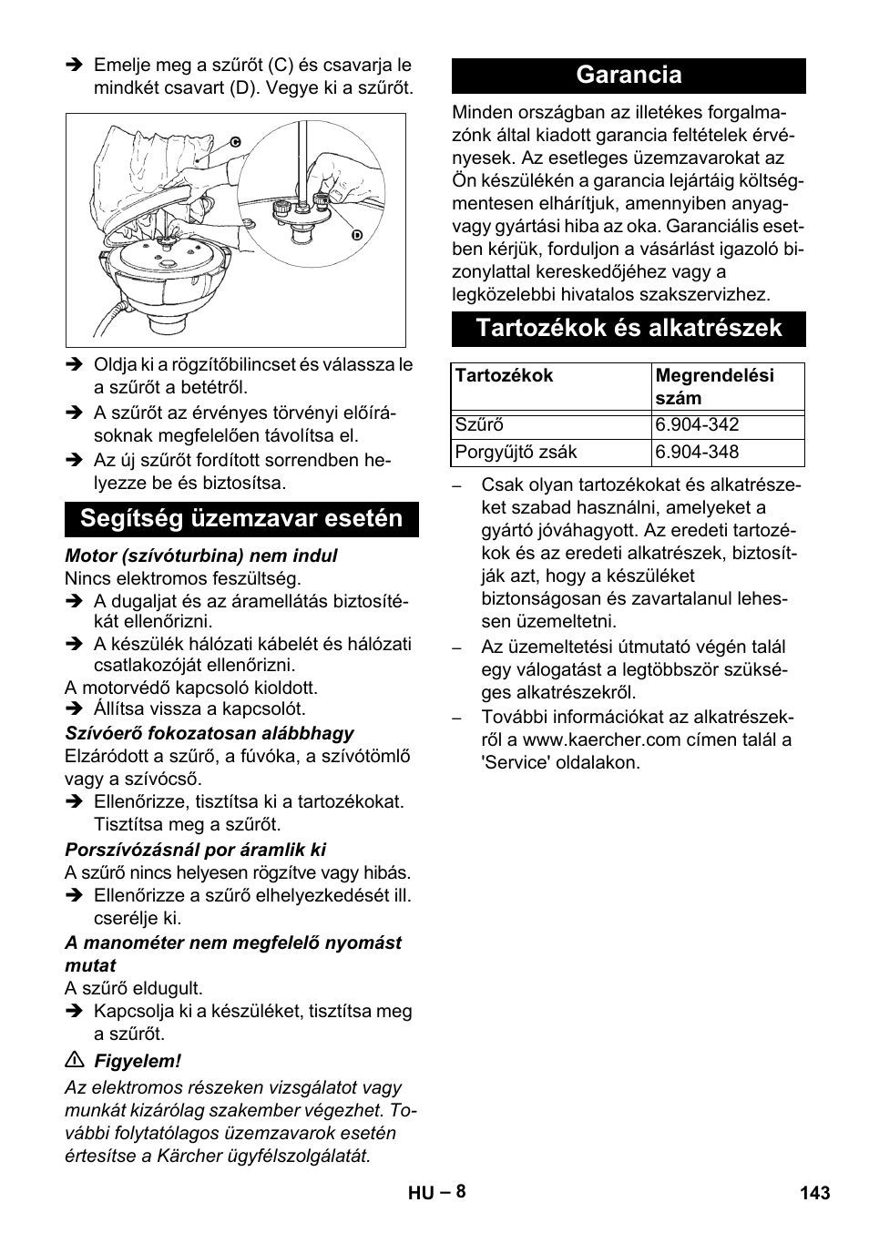 Segítség üzemzavar esetén, Garancia, Tartozékok és alkatrészek | Karcher IV 60-30 M B1 User Manual | Page 143 / 260