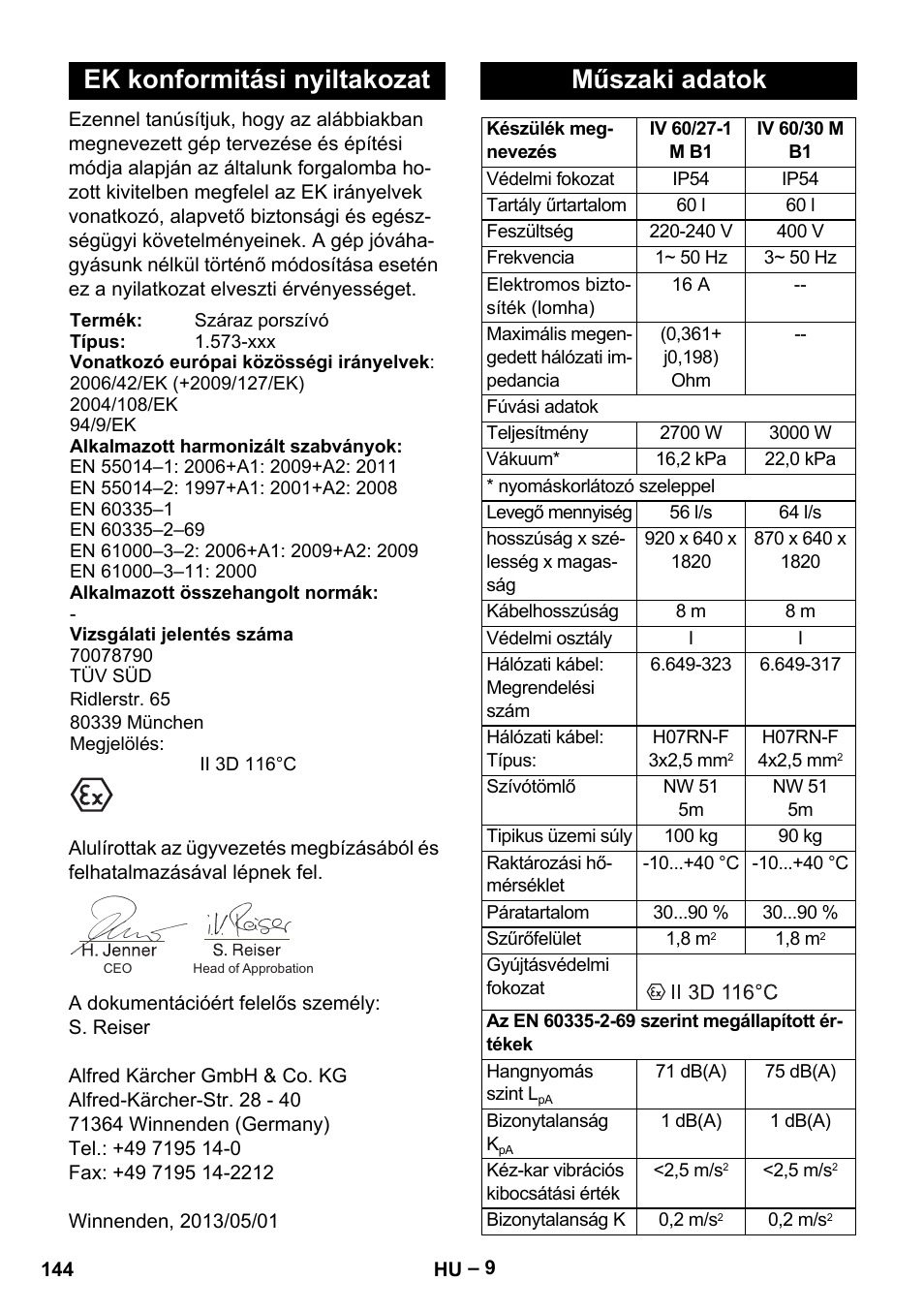Ek konformitási nyiltakozat, Műszaki adatok | Karcher IV 60-30 M B1 User Manual | Page 144 / 260