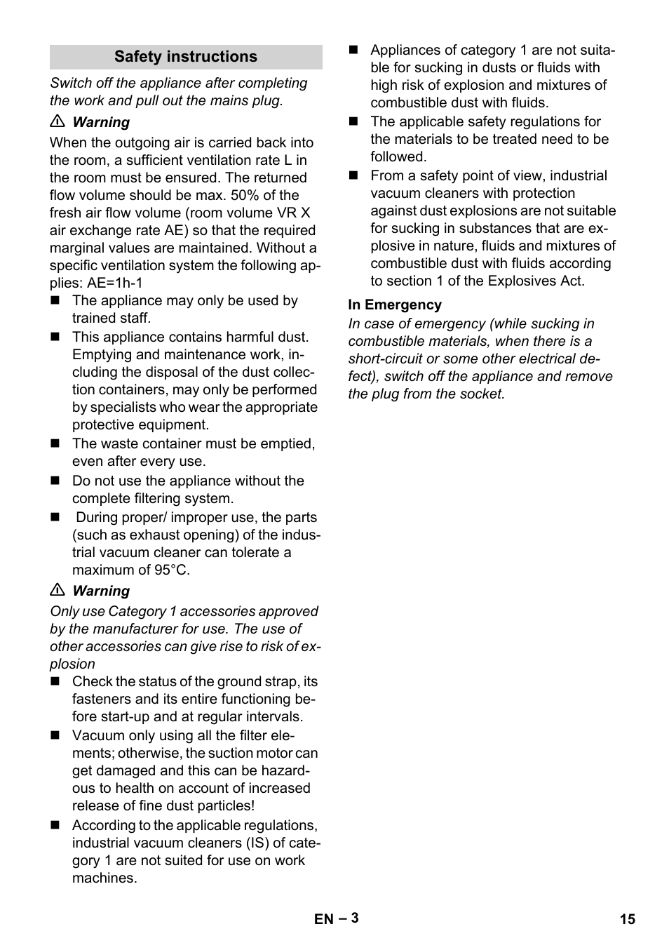 Safety instructions, In emergency | Karcher IV 60-30 M B1 User Manual | Page 15 / 260
