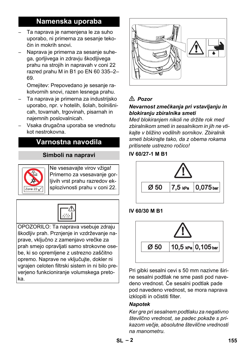 Namenska uporaba, Varnostna navodila, Simboli na napravi | Iv 60/27-1 m b1, Iv 60/30 m b1, Namenska uporaba varnostna navodila | Karcher IV 60-30 M B1 User Manual | Page 155 / 260