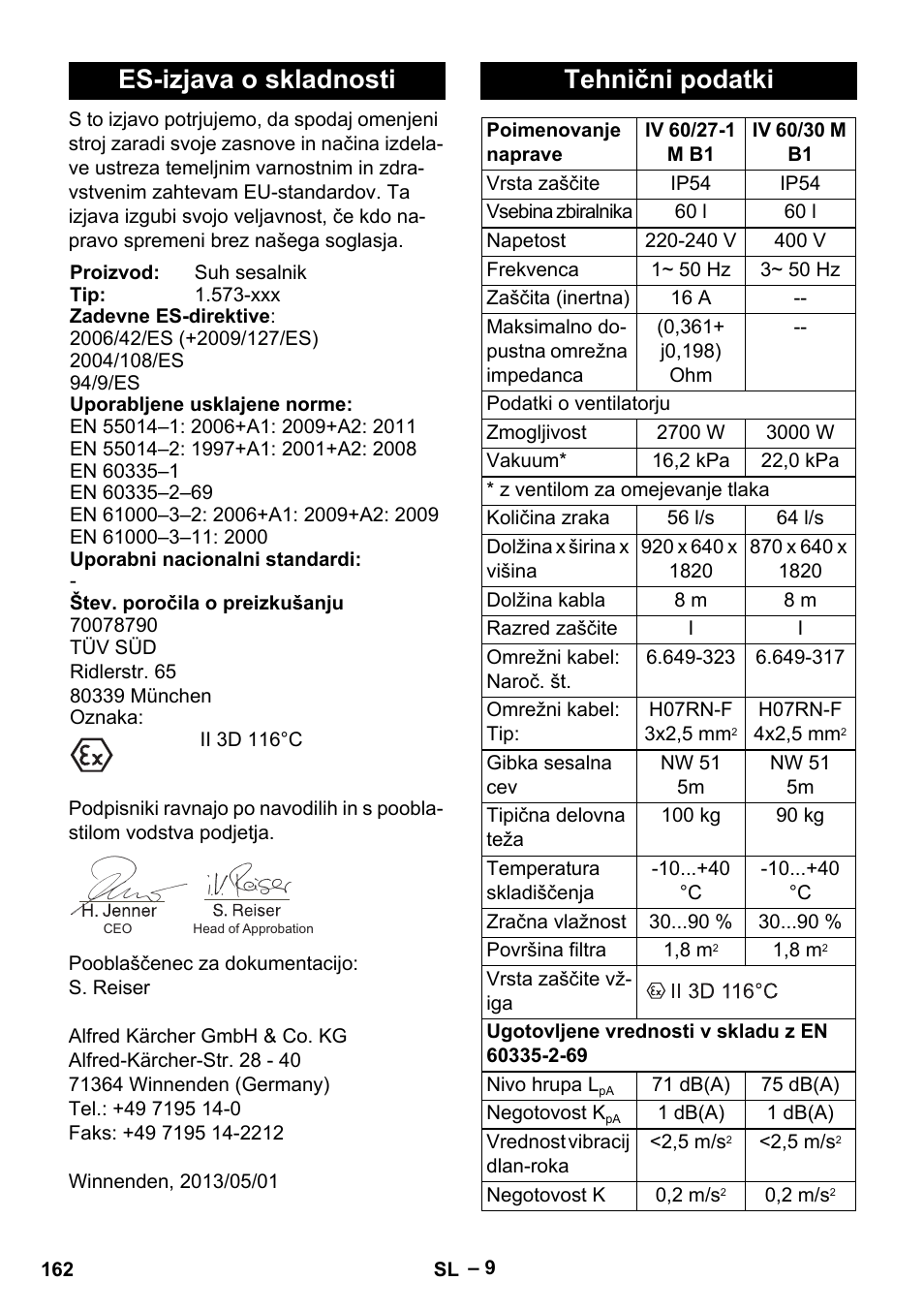 Es-izjava o skladnosti, Tehnični podatki | Karcher IV 60-30 M B1 User Manual | Page 162 / 260