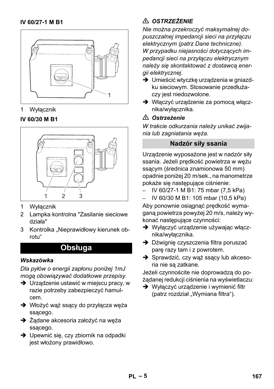 Iv 60/27-1 m b1, Iv 60/30 m b1, Obsługa | Nadzór siły ssania | Karcher IV 60-30 M B1 User Manual | Page 167 / 260