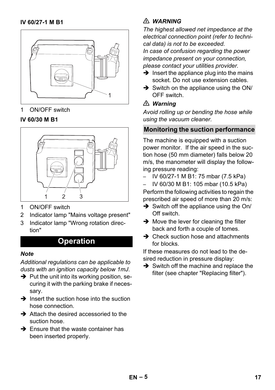 Iv 60/27-1 m b1, Iv 60/30 m b1, Operation | Monitoring the suction performance | Karcher IV 60-30 M B1 User Manual | Page 17 / 260