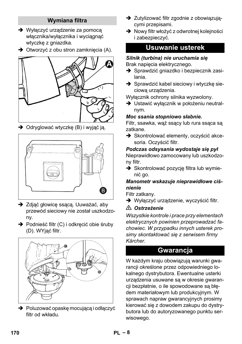 Wymiana filtra, Usuwanie usterek, Gwarancja | Usuwanie usterek gwarancja | Karcher IV 60-30 M B1 User Manual | Page 170 / 260
