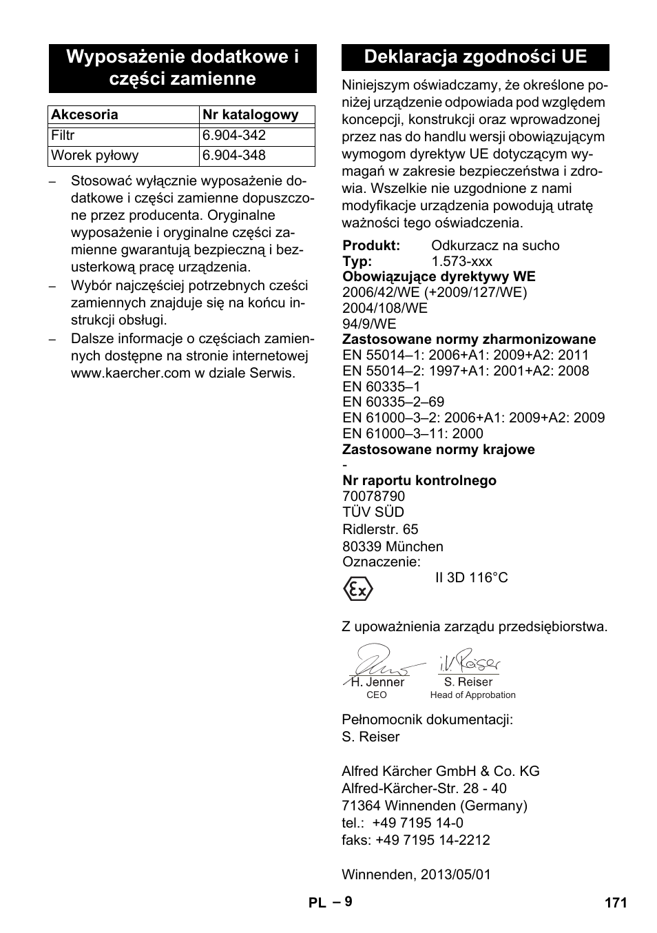 Wyposażenie dodatkowe i części zamienne, Deklaracja zgodności ue | Karcher IV 60-30 M B1 User Manual | Page 171 / 260