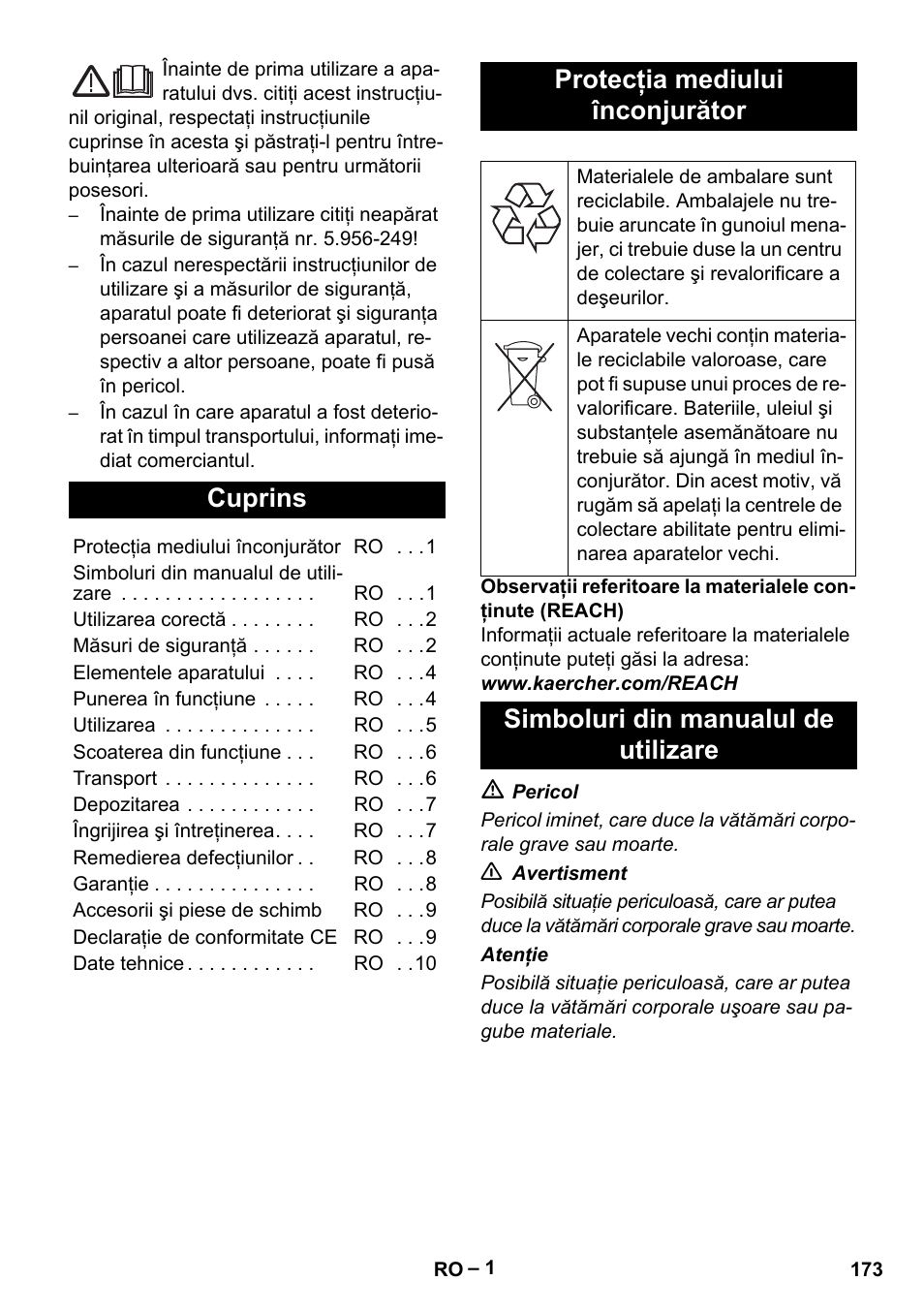 Româneşte, Cuprins, Protecţia mediului înconjurător | Simboluri din manualul de utilizare | Karcher IV 60-30 M B1 User Manual | Page 173 / 260