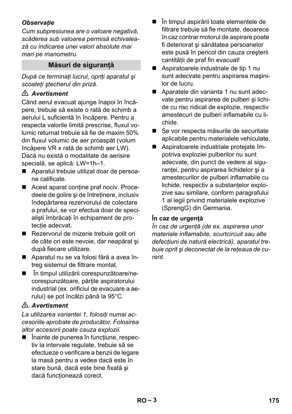 Măsuri de siguranţă, În caz de urgenţă | Karcher IV 60-30 M B1 User Manual | Page 175 / 260