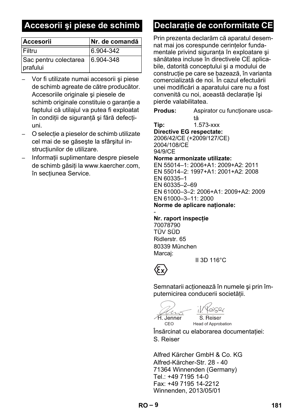 Accesorii şi piese de schimb, Declaraţie de conformitate ce | Karcher IV 60-30 M B1 User Manual | Page 181 / 260