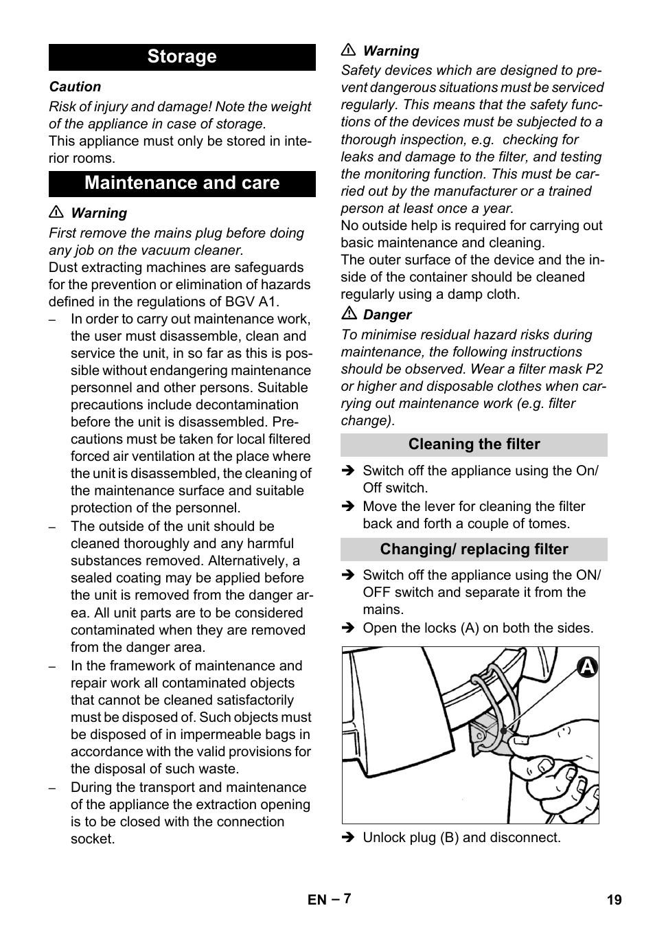 Storage, Maintenance and care, Cleaning the filter | Changing/ replacing filter, Storage maintenance and care | Karcher IV 60-30 M B1 User Manual | Page 19 / 260