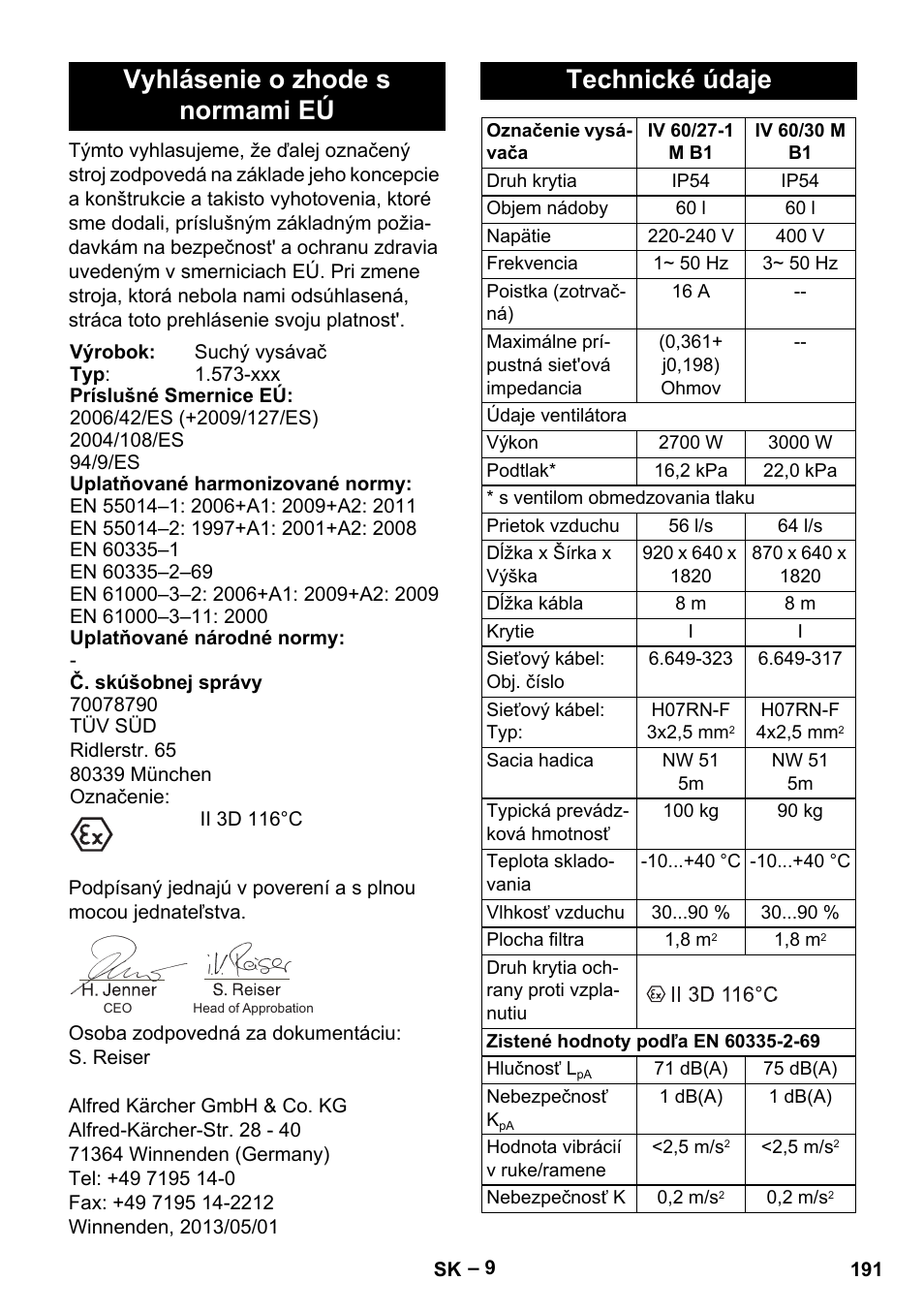 Vyhlásenie o zhode s normami eú, Technické údaje | Karcher IV 60-30 M B1 User Manual | Page 191 / 260