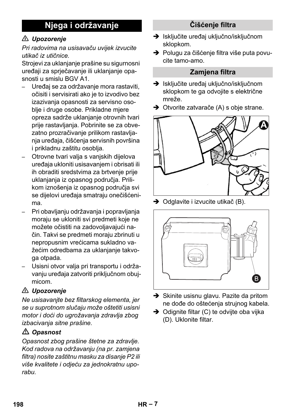 Njega i održavanje, Čišćenje filtra, Zamjena filtra | Karcher IV 60-30 M B1 User Manual | Page 198 / 260