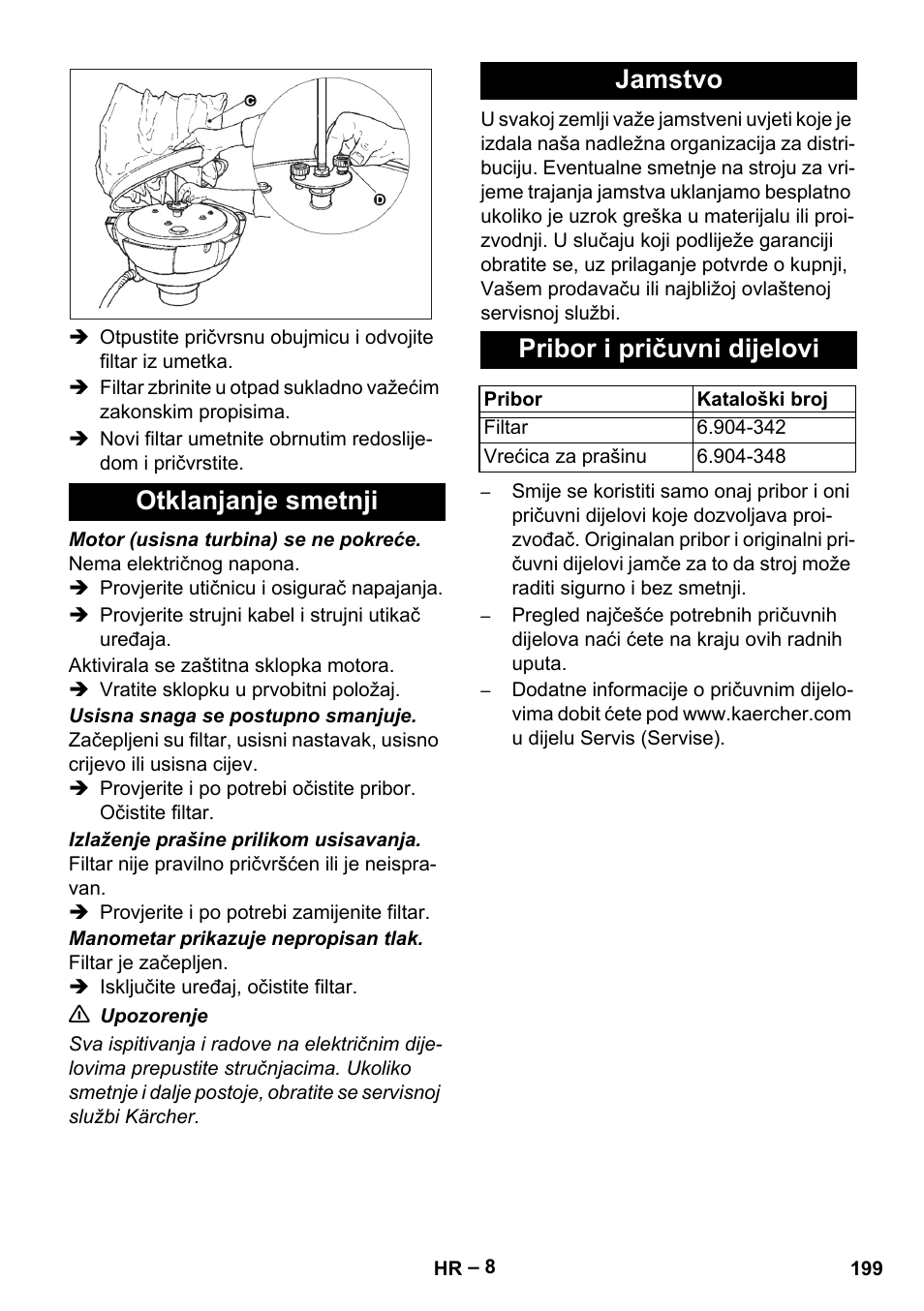 Otklanjanje smetnji, Jamstvo, Pribor i pričuvni dijelovi | Karcher IV 60-30 M B1 User Manual | Page 199 / 260