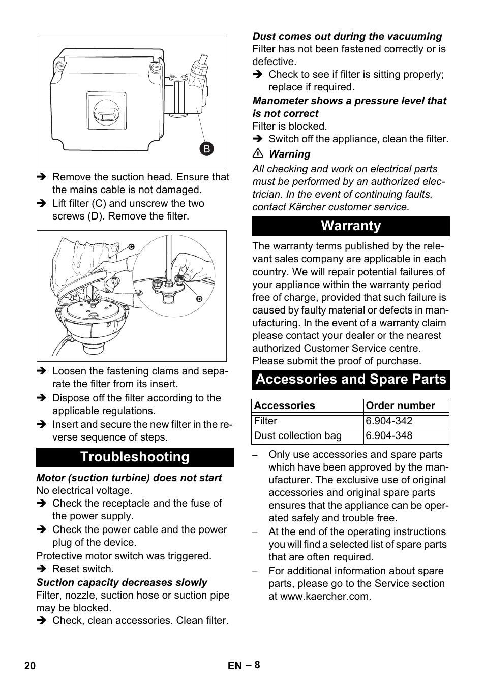 Troubleshooting, Warranty, Accessories and spare parts | Karcher IV 60-30 M B1 User Manual | Page 20 / 260