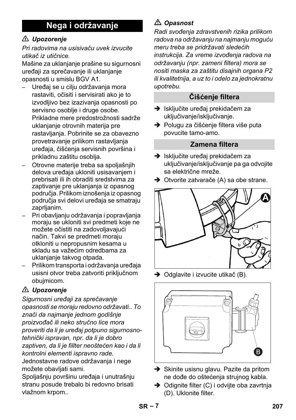 Nega i održavanje, Čišćenje filtera, Zamena filtera | Karcher IV 60-30 M B1 User Manual | Page 207 / 260