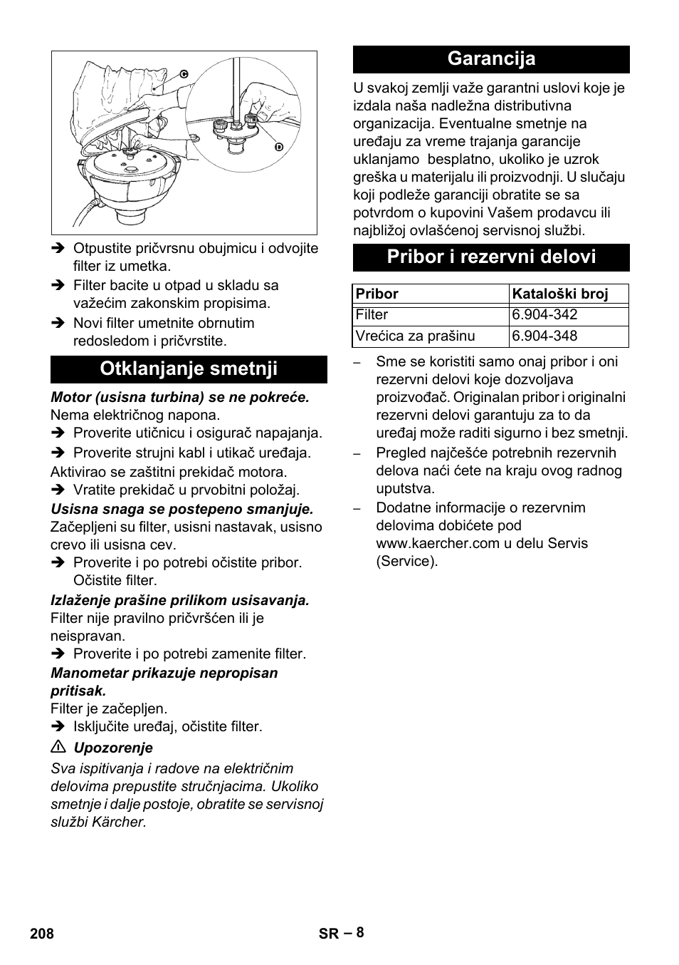 Otklanjanje smetnji, Garancija, Pribor i rezervni delovi | Karcher IV 60-30 M B1 User Manual | Page 208 / 260