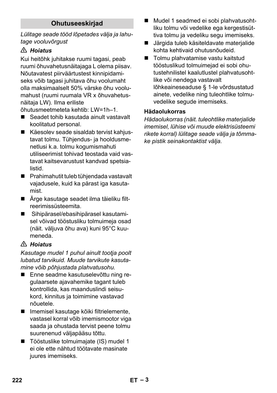 Ohutuseeskirjad, Hädaolukorras | Karcher IV 60-30 M B1 User Manual | Page 222 / 260