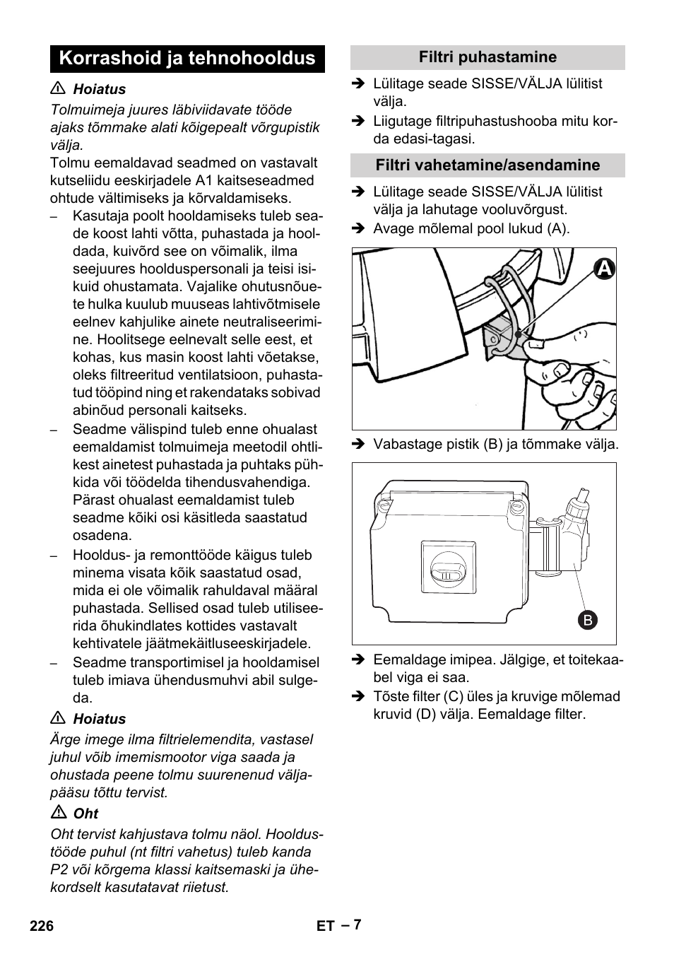 Korrashoid ja tehnohooldus, Filtri puhastamine, Filtri vahetamine/asendamine | Karcher IV 60-30 M B1 User Manual | Page 226 / 260