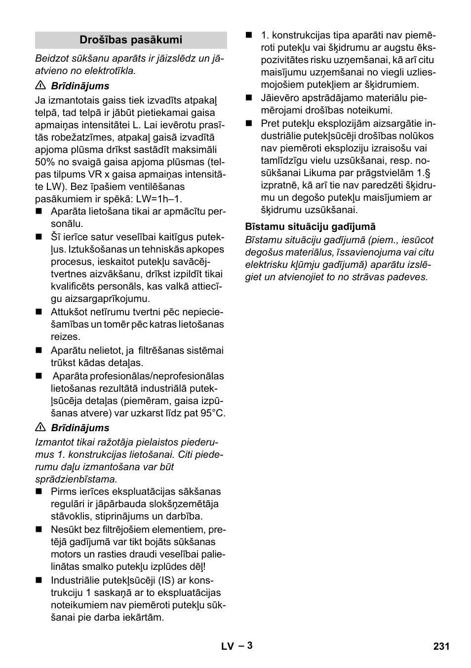 Drošības pasākumi, Bīstamu situāciju gadījumā | Karcher IV 60-30 M B1 User Manual | Page 231 / 260