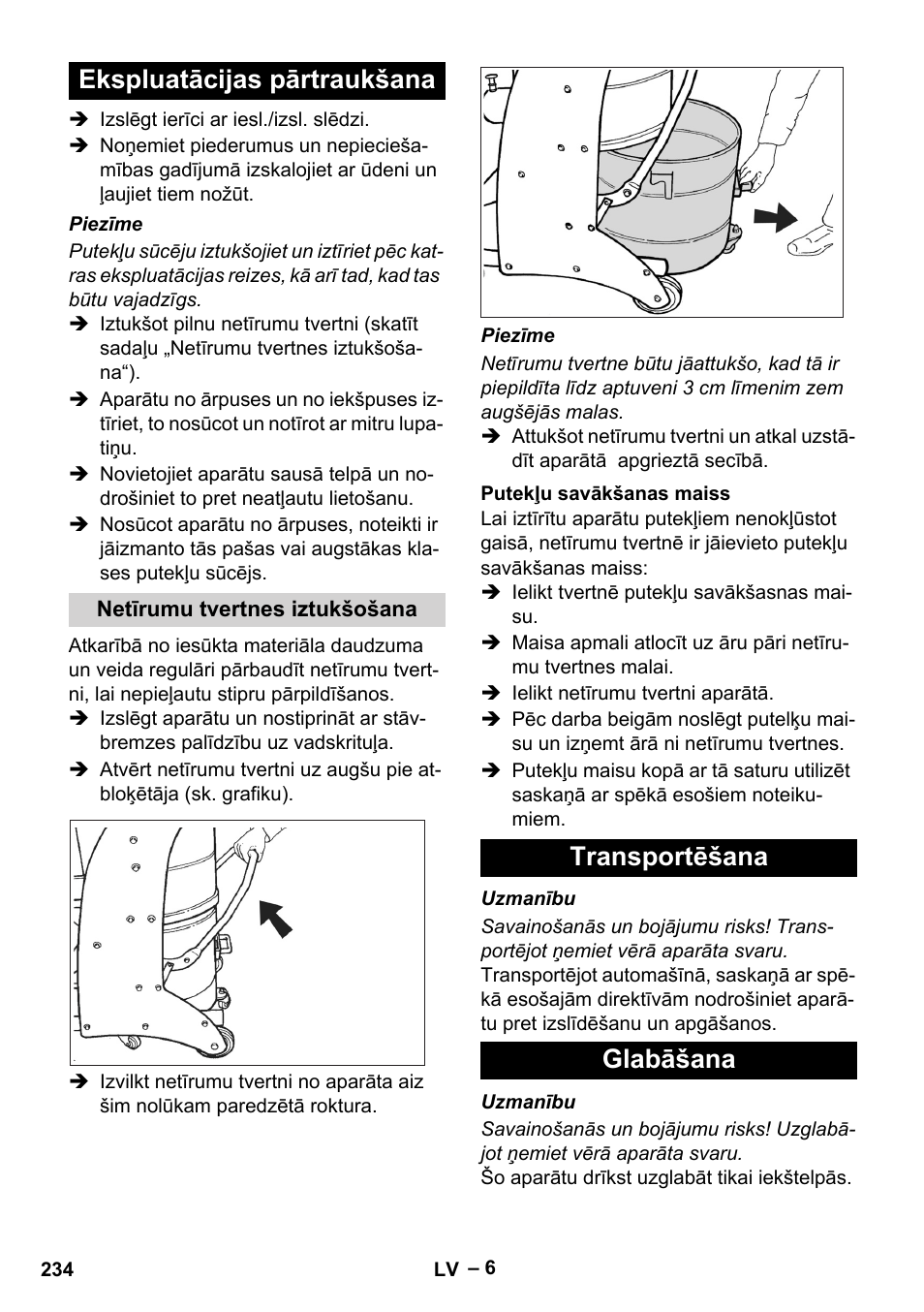Ekspluatācijas pārtraukšana, Netīrumu tvertnes iztukšošana, Putekļu savākšanas maiss | Transportēšana, Glabāšana, Transportēšana glabāšana | Karcher IV 60-30 M B1 User Manual | Page 234 / 260