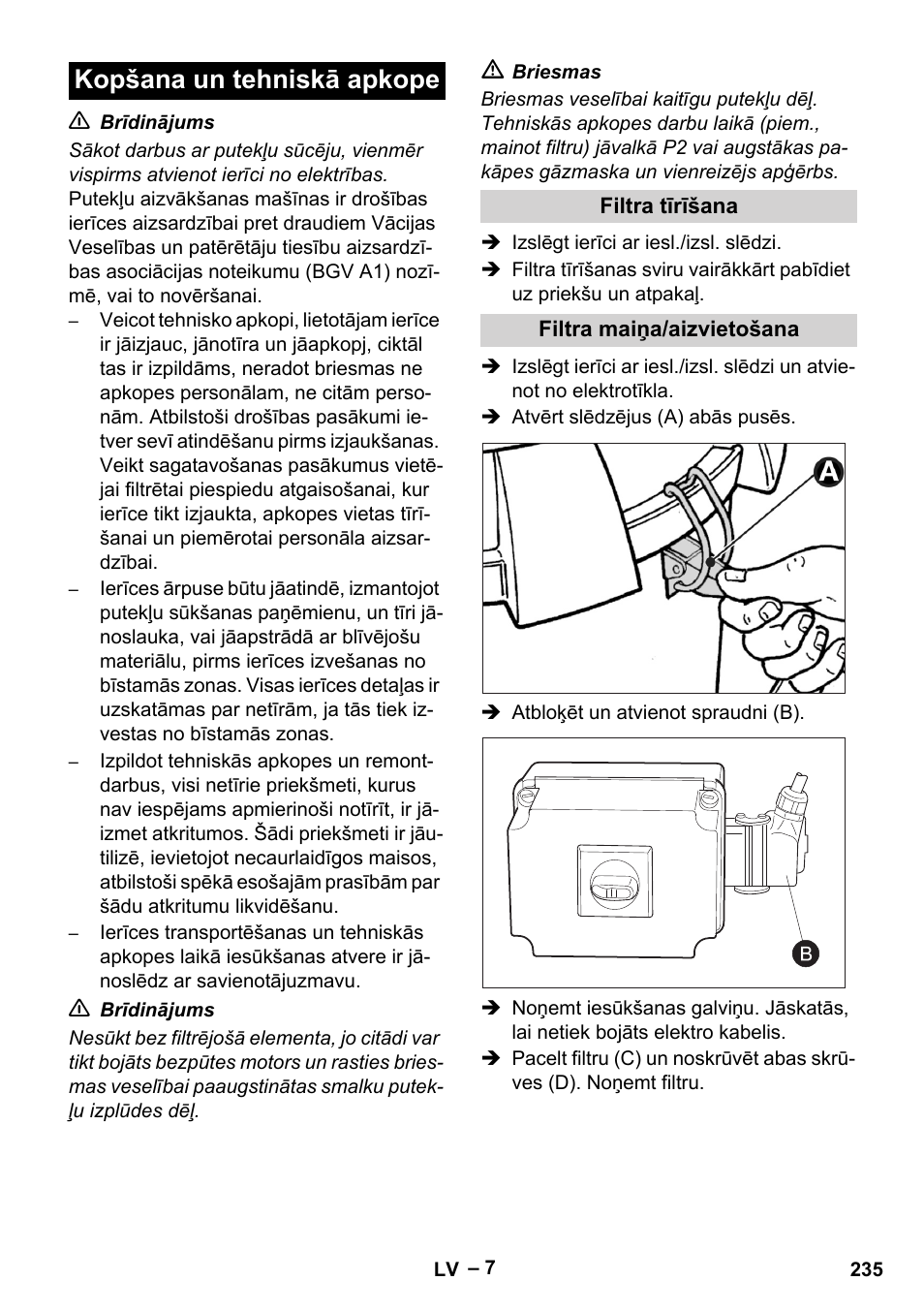 Kopšana un tehniskā apkope, Filtra tīrīšana, Filtra maiņa/aizvietošana | Karcher IV 60-30 M B1 User Manual | Page 235 / 260